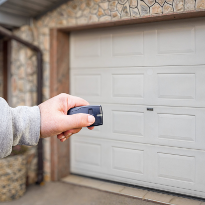 New Brunswick security key fob pointing to a garage door