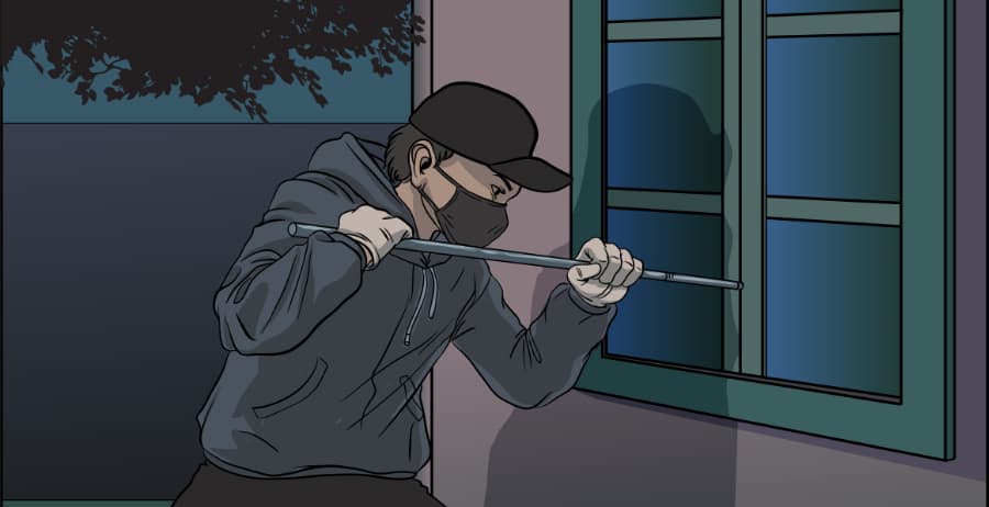 Illustration of burglar forcing entry through a window in New Brunswick
